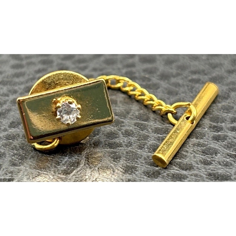 Vintage Men's Tie Tack Rectangle Bar Clear Cubic Zirconia Lapel Pin Gold Tone